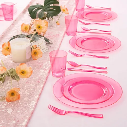 Miniatura 9 de WDF 25 platos de color rosa para invitados con cubiertos de plástico rosa y vasos rosados. La vajilla desechable transparente neón incluye 50