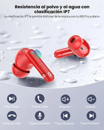 Miniatura 8 de Auriculares inalámbricos, Bluetooth 5.4, estéreo de bajos, auriculares con micrófono con cancelación de ruido, pantalla LED en el oído, llamadas Rojo
