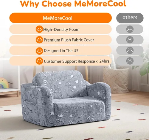 Miniatura 6 de MeMoreCool Sofá de dinosaurio para niños, silla plegable para niños pequeños, sofá abatible que brilla en la oscuridad, asiento convertible