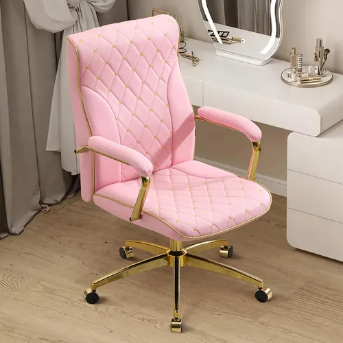 Miniatura 8 de Furniliving Silla de oficina rosa y dorada, sillas de oficina de cuero, silla de tocador ajustable con patas doradas y reposabrazos acolchado