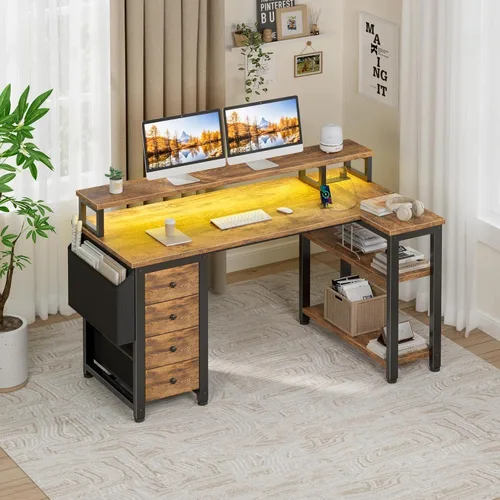 Miniatura 2 de Lufeiya - Escritorio en forma de L para juegos con luces LED y tomas de corriente, escritorio de esquina de 47 pulgadas para oficina en casa