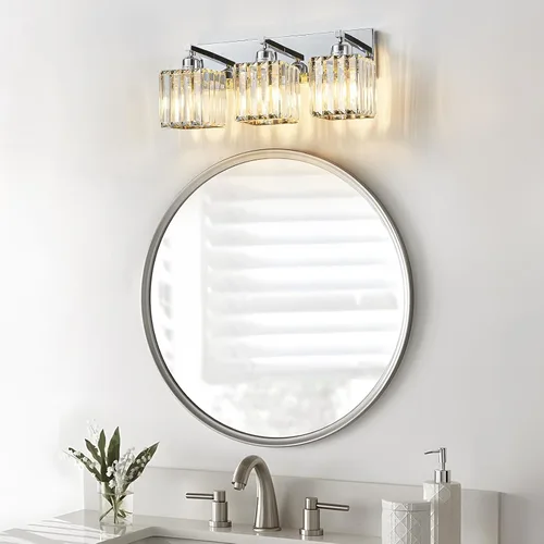 Miniatura 7 de Moderna lámpara de tocador de baño de 3 luces de cristal cromado moderno sobre espejo cromado iluminación de tocador de cristal aplique de pared