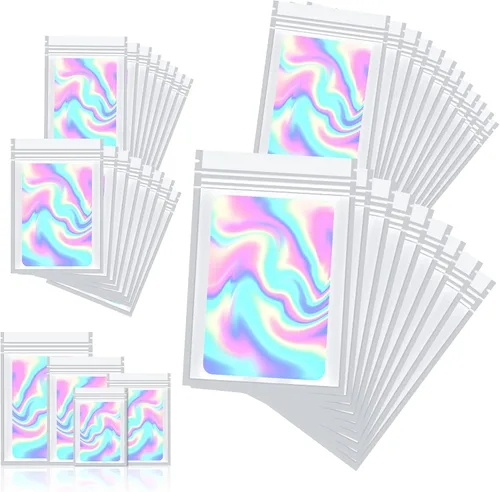 Miniatura 59 de 120 bolsas de tereftalato de polietileno a prueba de olores, bolsa de embalaje holográfica resellable con ventana transparente para alimentos