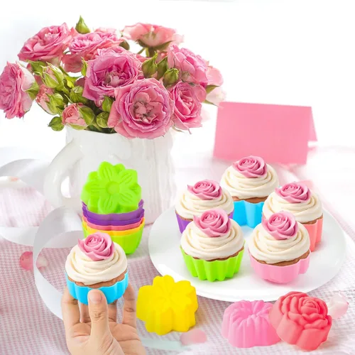 Miniatura 4 de R HORSE Paquete de 42 moldes de silicona para cupcakes con forma de múltiples flores, moldes antiadherentes para hornear muffins, moldes lavables