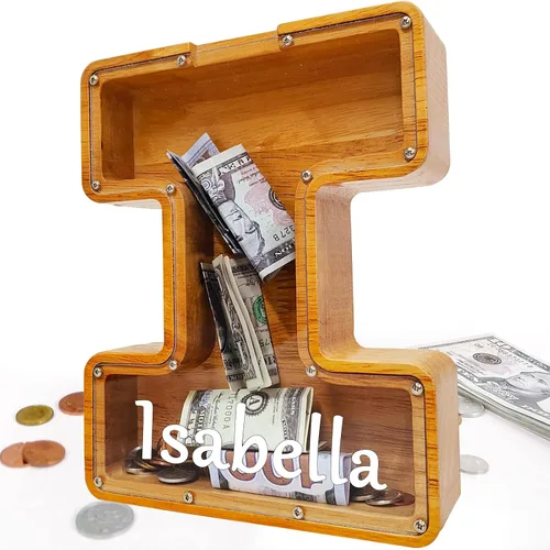 Miniatura 25 de Alcancía para niños y niñas, alcancía grande de madera personalizada con diseño recortado, bancos de monedas con letras del alfabeto, caja de ahorro