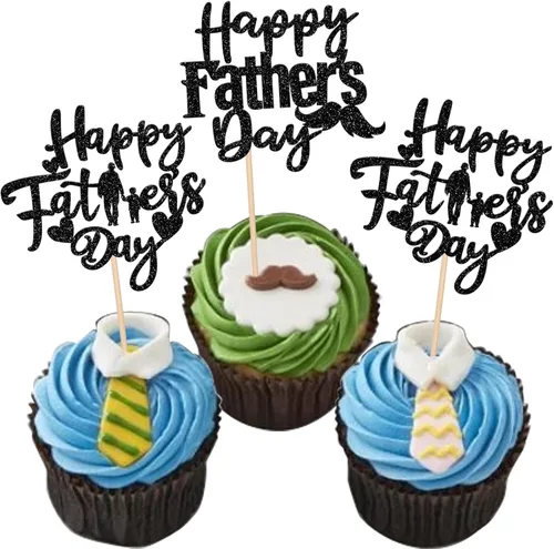 Miniatura 14 de Paquete de 24 adornos para cupcakes con purpurina para el Día del Padre, con purpurina para el mejor papá del mundo, sombrero de bigote #1
