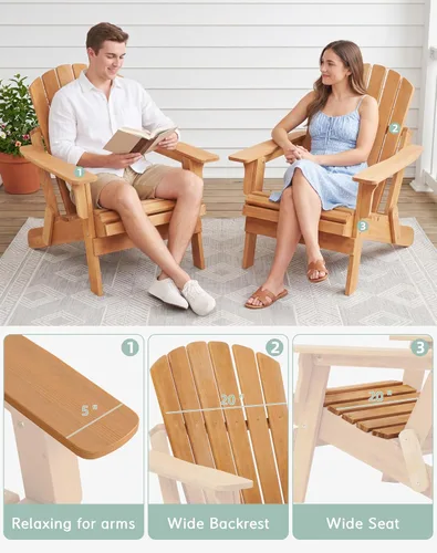 Miniatura 6 de Silla Adirondack plegable de madera de gran tamaño con respaldo y tabla de asiento premontados, silla de descanso para patio al aire libre, jardín