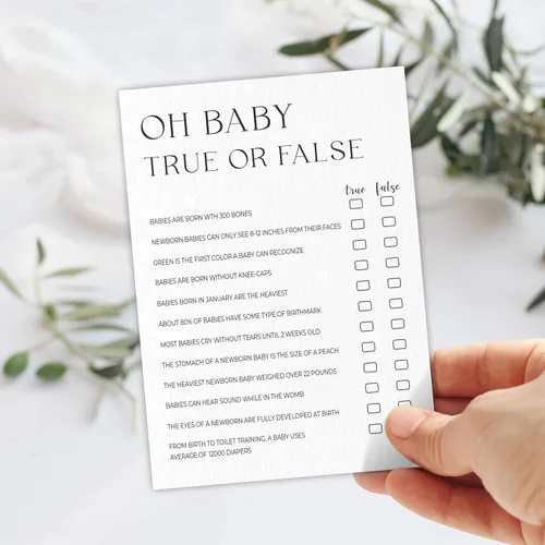Miniatura 3 de Oh Baby! Juego verdadero o falso para baby shower, minimalismo blanco perla, 30 tarjetas de juego de relleno en blanco con 1 tarjeta de respuesta