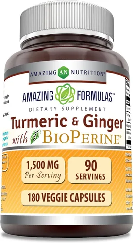 Amazing Formulas Curcumina de cúrcuma y jengibre con suplemento BioPerine | 1500 mg por porción | 180 cápsulas vegetales | Sin OMG | Sin gluten |