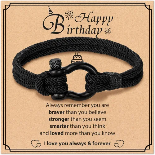 Joyas y tarjetas de regalo de cumpleaños para hombres, adolescentes, niños, pulsera náutica negra, regalo de feliz cumpleaños para 13, 14, 15, 16,
