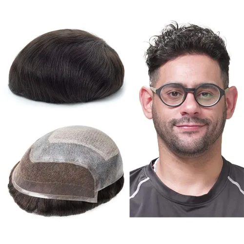 Miniatura 14 de Lordhair Tupé frontal de encaje francés para hombres 0.004 in inyectado piezas de pelo de piel fina unidas con sistema de cabello de encaje