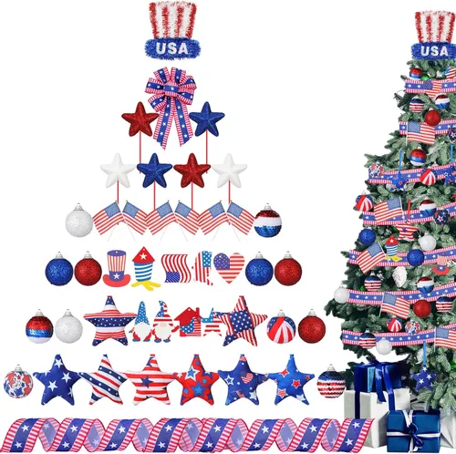 Miniatura 10 de 43 adornos patrióticos para árbol del 4 de julio, Día de la Independencia, adornos para árbol de Navidad, decoración de lazo rojo, blanco y azul