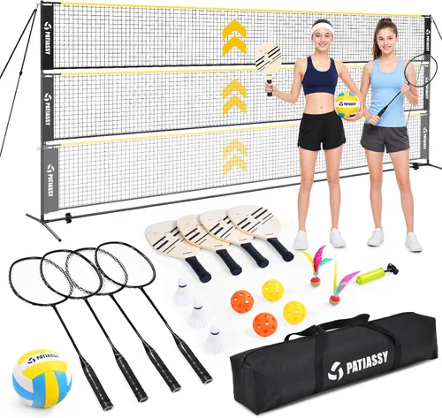 Volleyball Badminton Pickleball 3-in-1 Combo Net Set, 5.1-7.4ft Adjustable Height Sports Nets for Backyards, Portable 17ft Outdoor Net with Carry