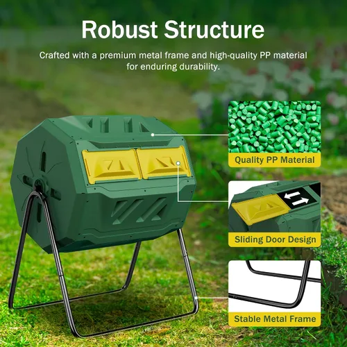 Miniatura 3 de Contenedor de compostaje de 43 galones, vaso de compostaje de doble cámara giratoria, cubo de basura al aire libre con marco de acero para jardín