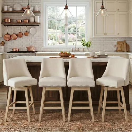 Miniatura 9 de Taburetes de Bar de Altura de Mostrador de 27.5 Pulgadas Taburetes de Cocina de Lino Modernos de Mediados de Siglo con Respaldo Patas de Madera Lino