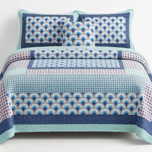 DaDa Bedding - Juego de colcha de retazos de algodón mediterráneo, diseño náutico de mediados de siglo, conchas marinas con olas marinas, color azul