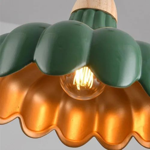 Miniatura 2 de Mid Century Kitchen Island Pendant Light, Vintage Flower Shape Ceiling Hanging Lighting, Green Ceramic Shade Chandelier with Wood Finish for Dining