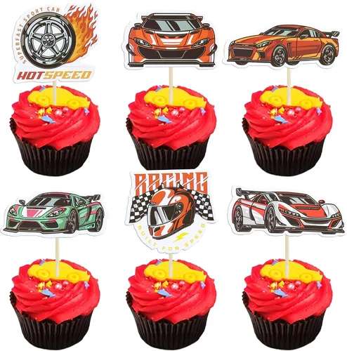Miniatura 10 de Gyufise 1 pieza de decoración de pastel de cumpleaños con dos banderas negras con purpurina a cuadros para coche de carreras de 2º cumpleaños