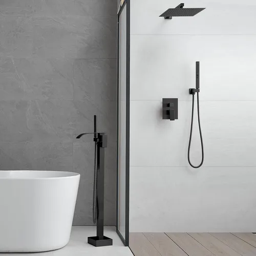 Miniatura 6 de RUMOSE Grifo Llenador de Bañera Independiente Grifo de Bañera Negro Mate Montaje en Piso Grifo de Bañera Cascada Independiente Llenador de Bañera