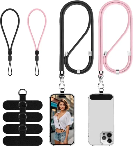 Cordón para teléfono celular, 2 cordones cruzados para teléfono para mujer con 2 correas de teléfono de muñeca y 4 conectores, Negro Rosa claro