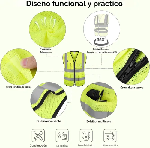 Miniatura 2 de TICONN Chaleco de seguridad reflectante de alta visibilidad Clase II de malla para mujeres y hombres Cumple con los estándares ANSI