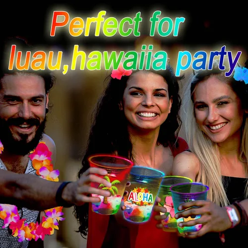 Miniatura 6 de mishunyus 24 tazas de fiesta hawaianas Luau brillantes, tazas de fiesta Tiki intermitentes, decoraciones tropicales para fiestas hawaianas (16 onzas)