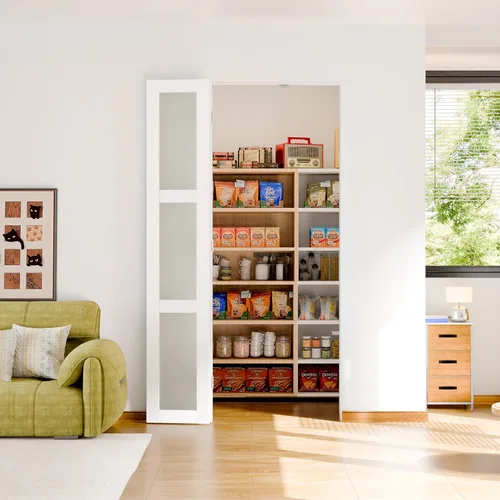 Miniatura 10 de Puerta plegable de 180 grados, para aberturas de 30 ″ x 80 ″, puerta plegable esmerilada blanca 3-Lite con bisagras, juego de herrajes para puertas