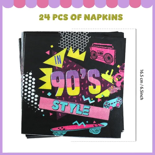 Miniatura 6 de Juego de 96 piezas de vajilla de decoración de fiesta de los años 90 para adultos y adolescentes, incluye platos, servilletas, tenedores
