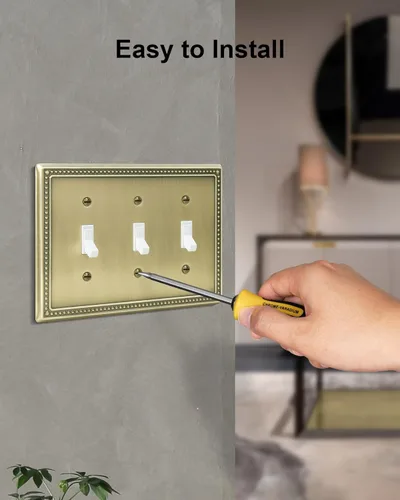 Miniatura 5 de Paquete de 2 placas de triple interruptor de luz de palanca, cubiertas decorativas de perlas, placa de pared de metal de 3 segmentos de latón Latón