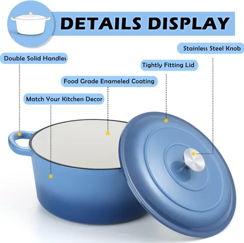 Miniatura 4 de TeamFar 6QT Horno Holandés con Tapa, Olla de Cocina de Hierro Fundido Esmaltada Antiadherente para Guisar, Hornear, Brasear, Apto para Varias Azul
