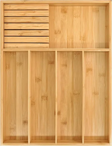 Miniatura 8 de VaeFae Organizador de cubiertos de bambú, soporte para utensilios para cajón, bandeja de cubiertos de madera con separador para cajón de cocina
