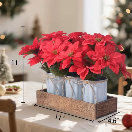 Miniatura 5 de Flores de Pascua Artificiales Decoraciones Navideñas – Paquete de 3 Flores de Pascua Rojas en Macetas de Metal Galvanizado con Caja de Madera