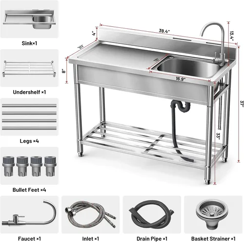 Miniatura 3 de Fregadero Utilitario de Acero Inoxidable LAFATI, Fregadero de Cocina Independiente de Acero Inoxidable 304 SUS de un Solo Tazón Con Estación