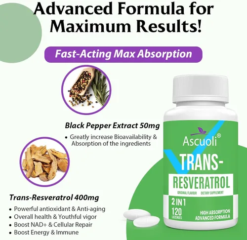 Miniatura 7 de Trans-Resveratrol Sublingual Pureza 99%, Fórmula Avanzada 3 en 1 Suplemento de Resveratrol para Boost NAD +, Apoyo Inmune y Energético, 120