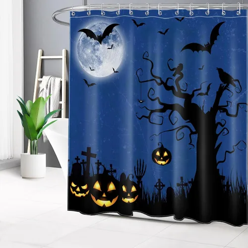 Miniatura 15 de EOBTAIN Cortina de ducha de cielo nocturno azul de Halloween para baño, espeluznante calabaza y murciélago en árbol muerto en cementerio aterrador