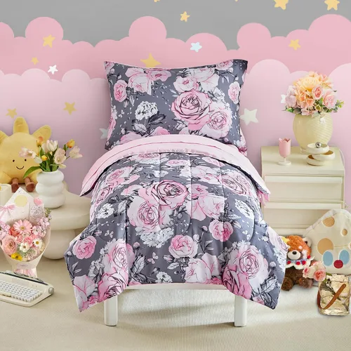 Juego de ropa de cama gris de 4 piezas para niños y niñas, flores rosas ultra suaves con hojas blancas en una bolsa, juego de edredón, sábana