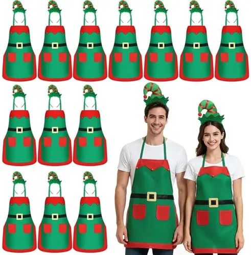 Toulite Juego de 24 delantales de elfo de Navidad con diademas, disfraces de fiesta de Navidad, delantales a granel para adultos y niños para hornear