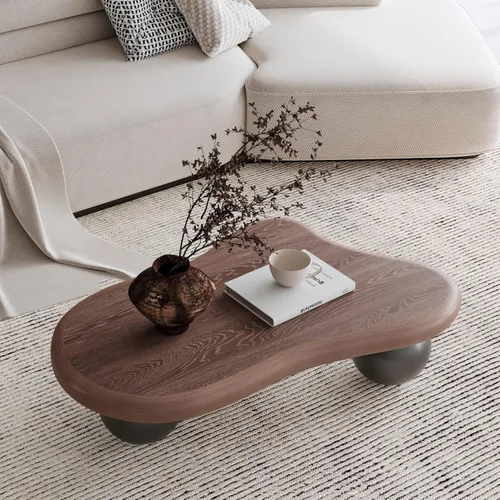 Miniatura 14 de Mesa de centro moderna de 35 pulgadas, con forma de pétalo, mesa de centro baja, linda mesa de té irregular para interiores con 3 patas de bola