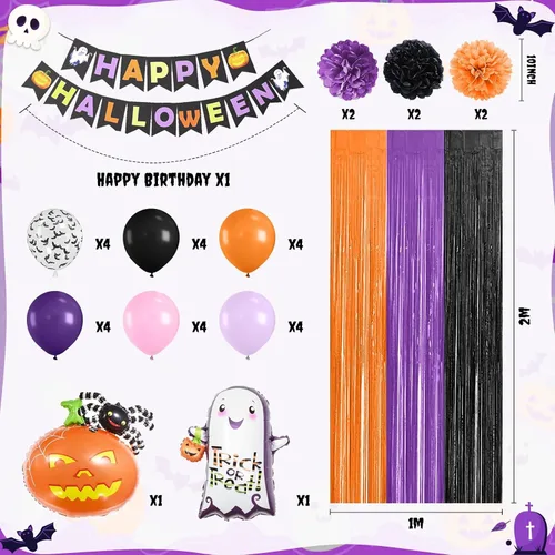 Miniatura 3 de Juego de decoraciones de fiesta morado, negro y naranja, kit de decoraciones de Halloween que incluye pancarta HAPPY HALLOWEEN, globos de papel