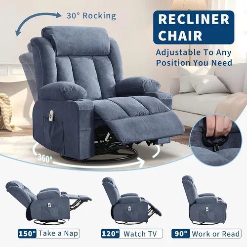 Miniatura 5 de 360° Swivel Rocker Recliner Chair with Heat and Massage, 3 Positions, USB Ports, Side Pockets, Cup Holders, for Living Room, Bedroom, Blue Marrón