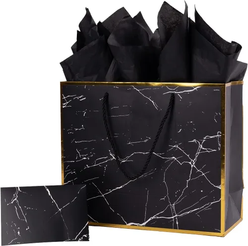 Miniatura 8 de ysmile Bolsa de regalo negra para hombres, bolsa de papel de gran tamaño con papel de seda para cumpleaños, aniversario, 16 pulgadas, día del padre