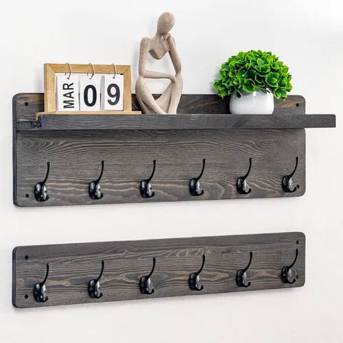 Miniatura 8 de Perchero de pared de 29.5 pulgadas de ancho con estante, estante de pasillo con 12 ganchos para abrigos, perchas para pared, perchero para clavijas