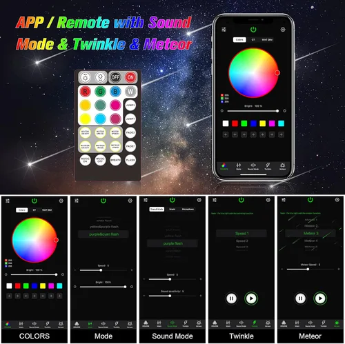 Miniatura 3 de CHINLY 32w Meteor Twinkle 1000pcs 0.03in 16.4ft Bluetooth RGBW LED Fibra Óptica Estrella Luz de techo, APP/Remoto + Kit de luz de estrellas fugaces