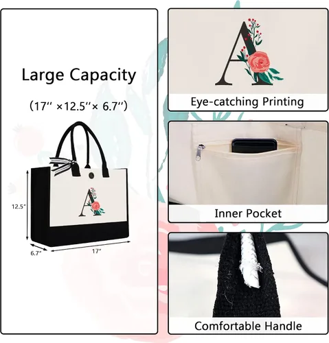 Miniatura 10 de Bolsa de lona con inicial, regalos de cumpleaños personalizados para mujeres, madres, amigas y profesoras, bolsas de mano con monograma adecuadas