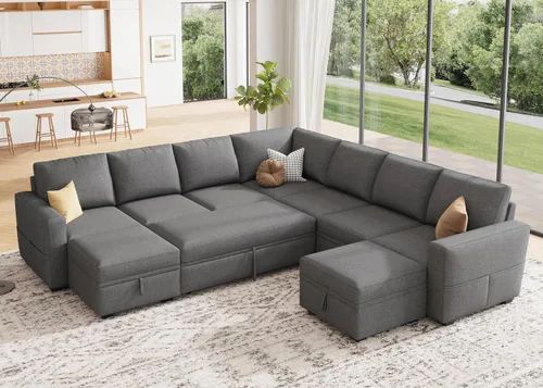 Miniatura 18 de HONBAY Sofá seccional modular con cama extraíble, sofá cama con forma de U extraíble con secciones de almacenamiento para sala de estar - Beige