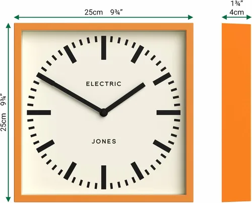 Miniatura 4 de JONES CLOCKS® Reloj de pared Box Railway Reloj de estación cuadrada 10 pulgadas Naranja Aspecto de diseñador genial para cocina, sala