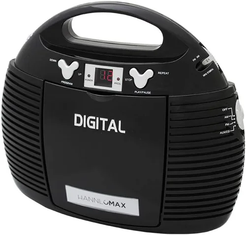 HANNLOMAX Reproductor de CD portátil HX-327CD con radio AM/FM, entrada auxiliar, fuente de alimentación dual AC/DC (negro)