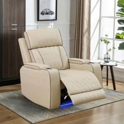 Miniatura 7 de Juego de sofá modular reclinable eléctrico para sala de estar, juego de sofá reclinable de cuero con luces LED / almacenamiento oculto, sofá