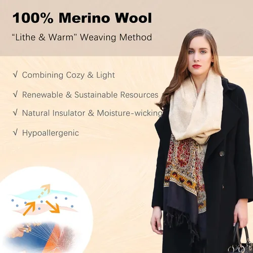 Miniatura 258 de DANA XU Manta de pashmina extragrande 100% de lana merina, bufanda de viaje, bufanda de cachemira para mujer, otoño e invierno, chal de gran