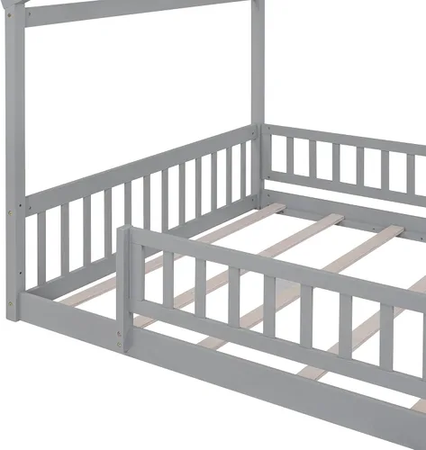 Miniatura 9 de MERITLINE Cama individual Montessori para niños, marco de cama individual Montessori con rieles y techo, no necesita somier, para niños, Gris